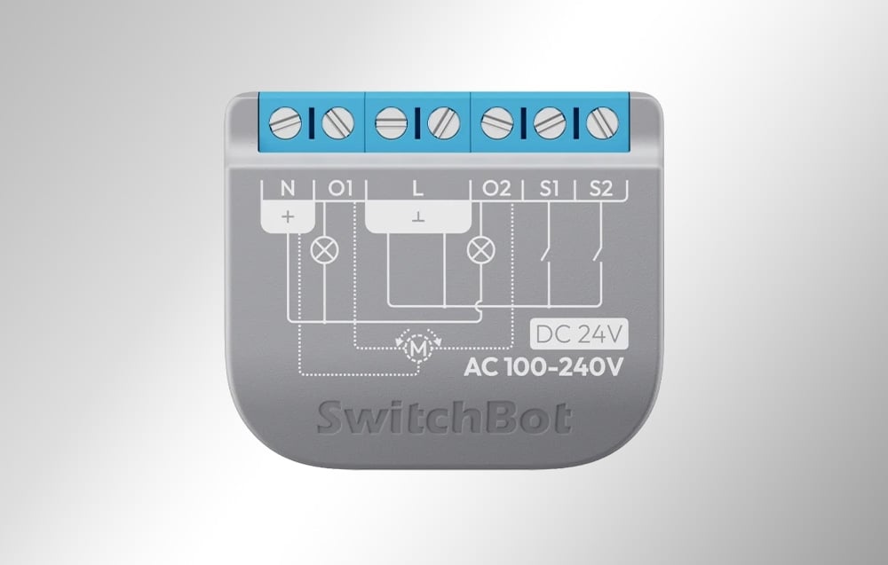 Μονάδα SwitchBot Relay Switch 2PM με διάγραμμα καλωδίωσης, βιδωτούς συνδέσμους και σήμανση AC 100-240V